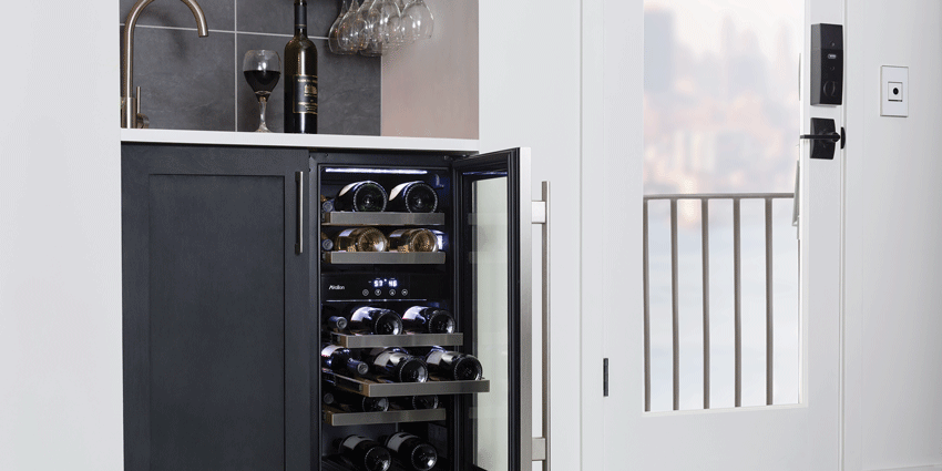 wine refrigerator with open door